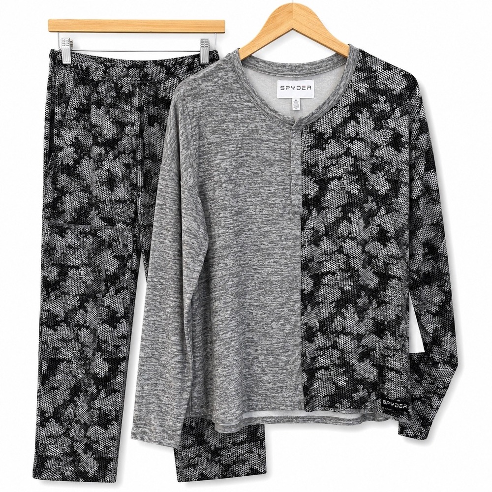 Spyder Womens 2 Piece Lounge Set Gray Black Honeycomb Camo Henley‎ Joggers M NEW
